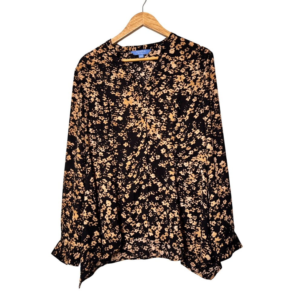 Simply Vera Vera Wang Black‎ Floral Print Long Sleeve V Neck Blouse Women's L